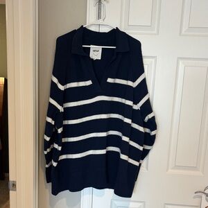 Aerie Navy and White Striped V-Neck Sweater